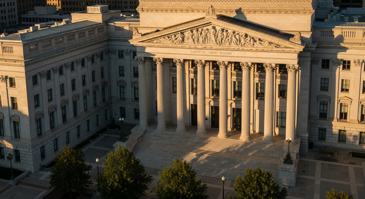 AI_IMAGE: Aerial view of a federal building's neoclassical facade, columns casting long geometric shadows in morning light | photorealistic | landscape
