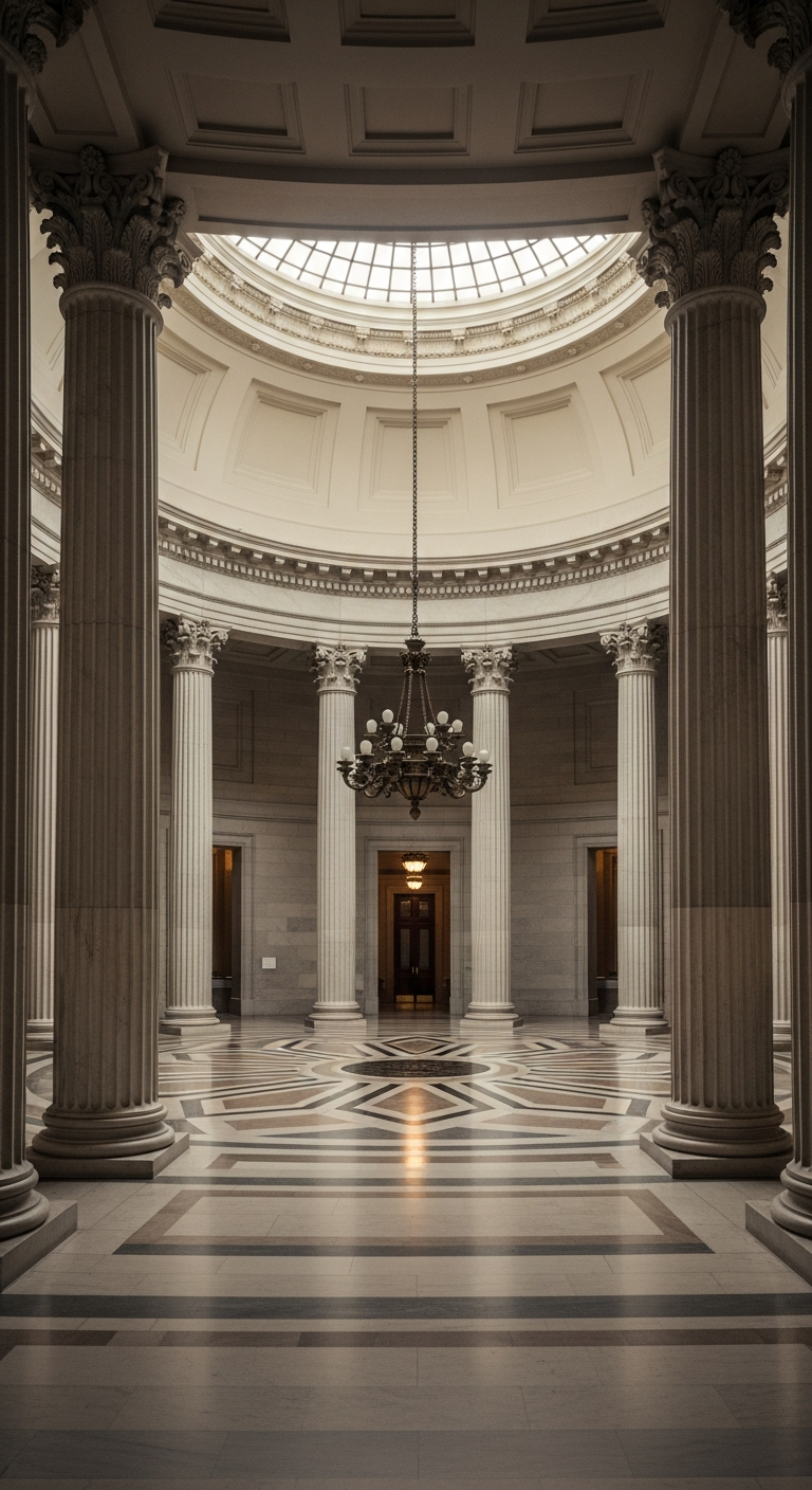 AI_IMAGE: Interior of a grand neoclassical government rotunda with marble columns, soft natural light streaming through a domed skylight, muted warm tones and an atmosphere of institutional dignity | photorealistic | portrait