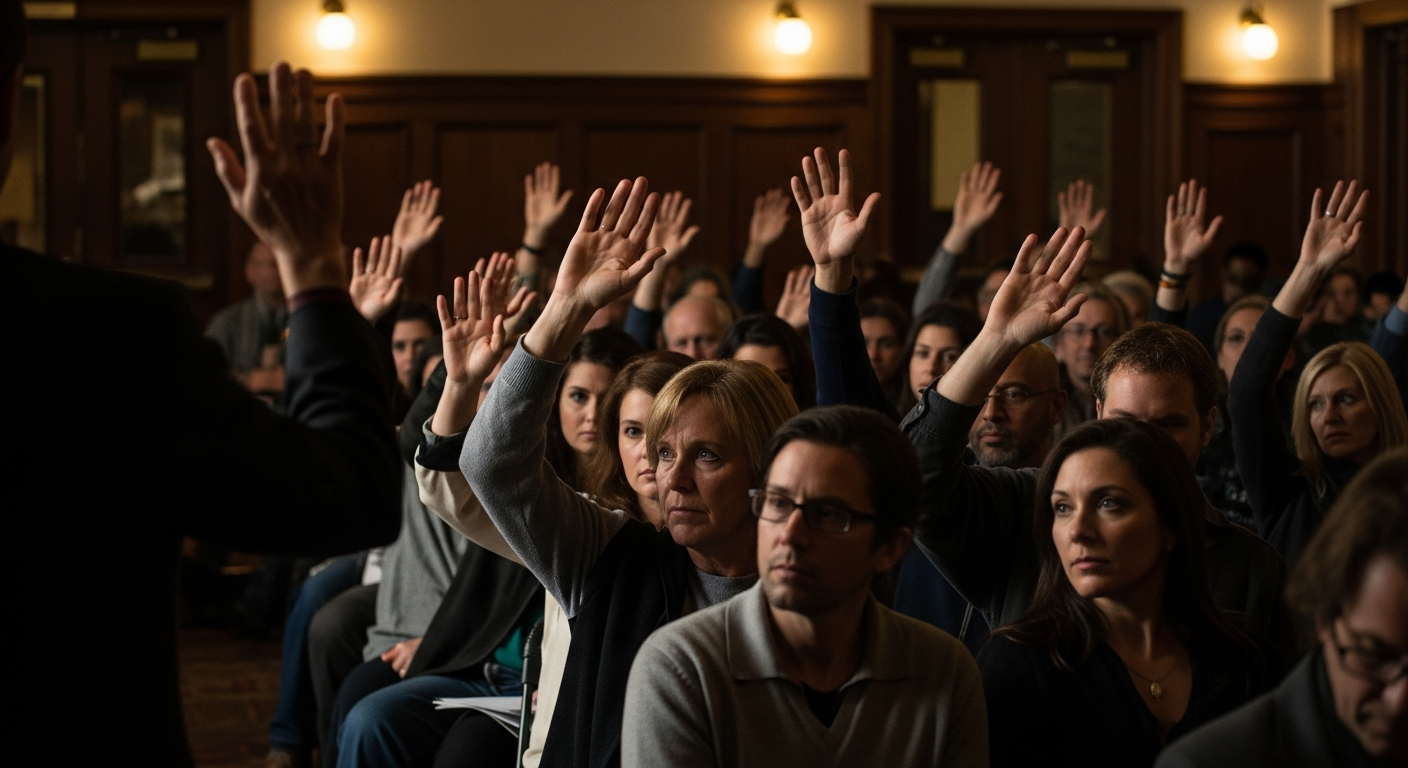 AI_IMAGE: A diverse group of citizens at a town hall meeting, hands raised in a warmly lit community center, documentary photography style | photorealistic | landscape