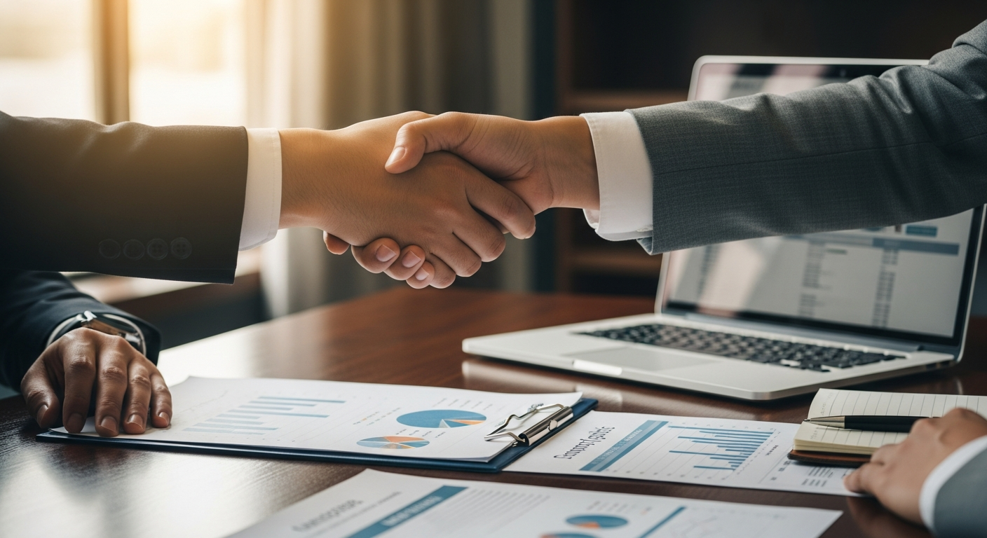 AI_IMAGE: Close-up of hands shaking over a business table with financial documents and a laptop visible, professional corporate setting with soft natural light | photorealistic | landscape