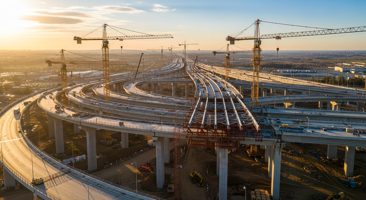 AI_IMAGE: An aerial view of a modern highway interchange under construction, with steel beams and cranes visible against a clear blue sky, golden hour lighting | photorealistic | landscape