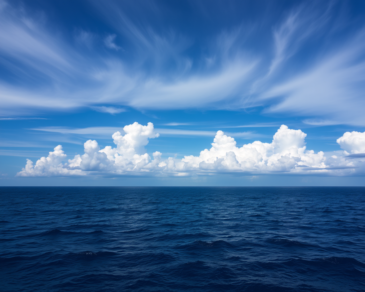 Deep blue ocean with gentle waves under a bright blue sky filled with large, fluffy white clouds and wispy cirrus clouds.