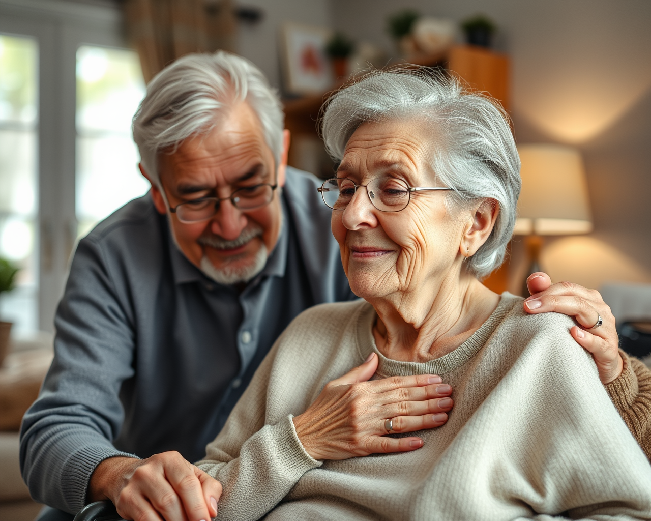 Aging couple smiling.