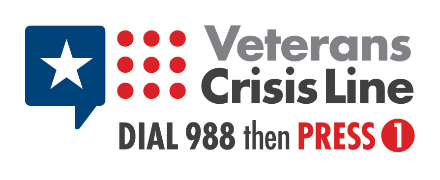 Logo for the Veterans Crisis Line featuring a star, the phrase 'Dial 988 then Press 1,' and a graphic representation of a speech bubble.
