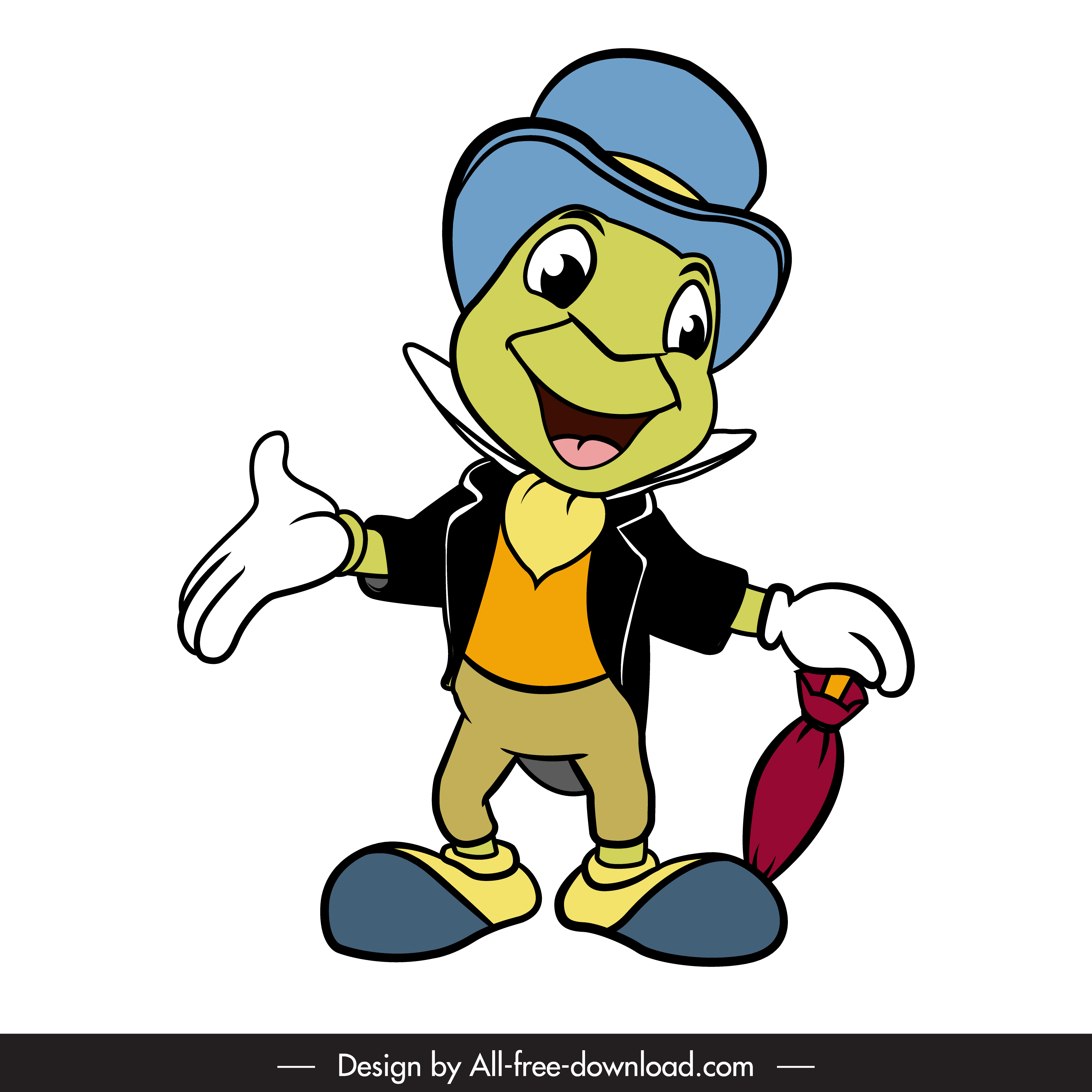 A cheerful green grasshopper character wearing a blue top hat, black jacket with white trim, orange vest, beige pants, and yellow shoes. It has white gloves on both hands, with one hand extended outward and the other holding a closed red umbrella. The character has large expressive eyes and a wide smile.