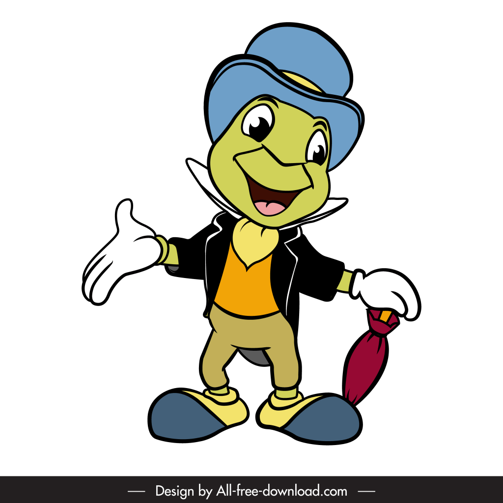 A cheerful green grasshopper character wearing a blue top hat, black jacket with white trim, orange vest, beige pants, and yellow shoes. It has white gloves on both hands, with one hand extended outward and the other holding a closed red umbrella. The character has large expressive eyes and a wide smile.