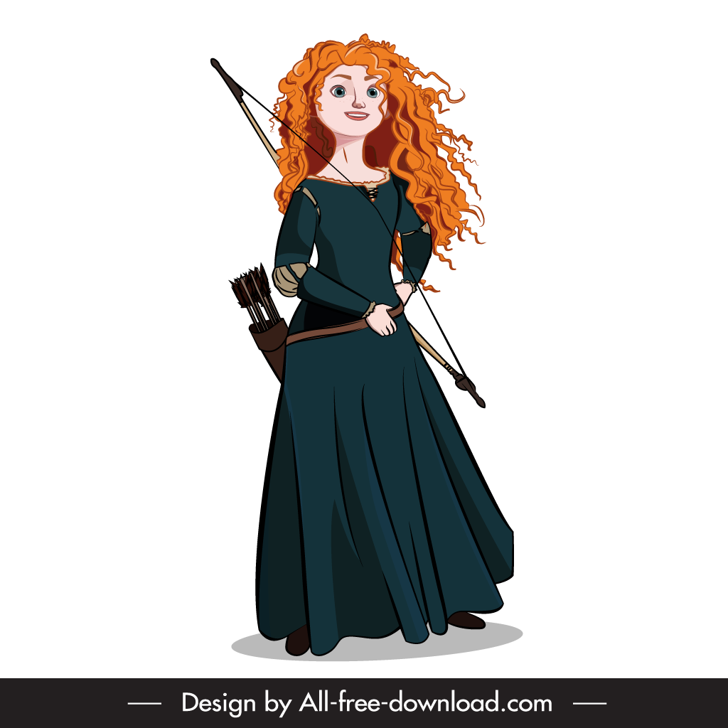 A cartoon character of a young woman with long, curly red hair wearing a dark green medieval-style dress. She is holding a bow with an arrow nocked and has a quiver of arrows strapped to her back. She stands confidently with a slight smile.