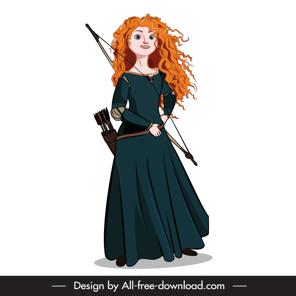 A cartoon character of a young woman with long, curly red hair wearing a dark green medieval-style dress. She is holding a bow with an arrow nocked and has a quiver of arrows strapped to her back. She stands confidently with a slight smile.