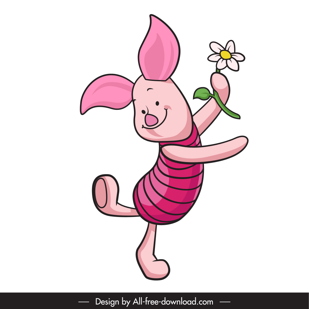 A pink cartoon piglet standing on one leg, smiling and holding a white daisy with a yellow center and green stem in one hand. The piglet has large ears, a round nose, and is wearing a sleeveless, striped pink outfit. The background is black.