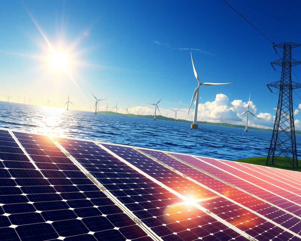 Solar panels reflecting sunlight in the foreground with a body of water behind them, featuring multiple offshore wind turbines and a power transmission tower under a clear blue sky with scattered clouds.
