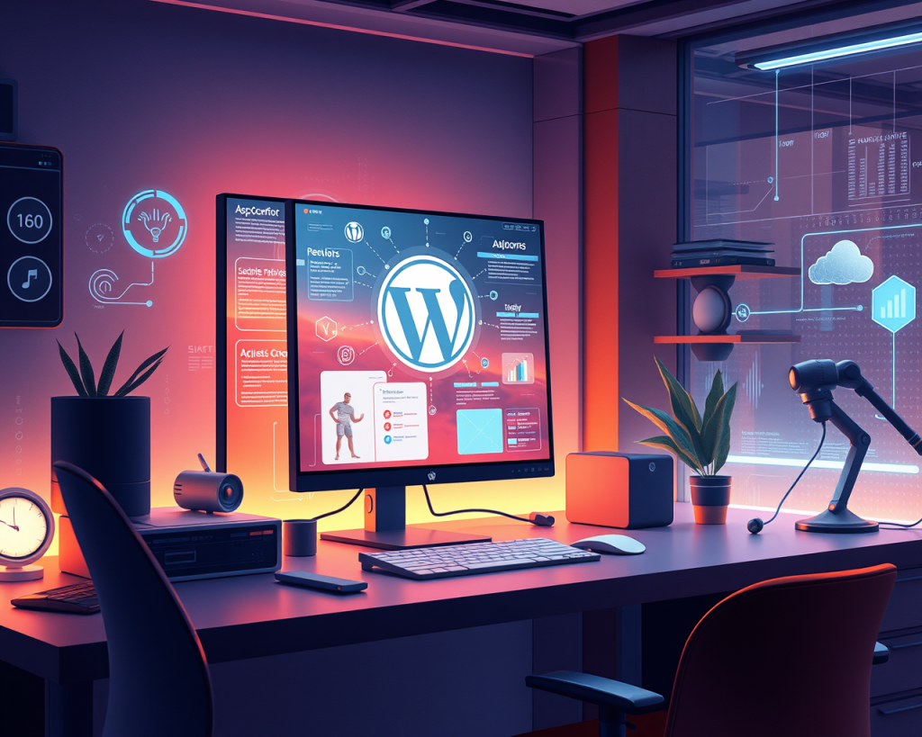 Modern workspace with a large monitor displaying a WordPress interface, surrounded by digital icons and data visuals. The desk features a keyboard, mouse, a small speaker, a potted plant, a desk lamp, and a clock. The room is illuminated with warm orange and cool blue lighting, creating a futuristic and tech-savvy atmosphere. A window shows additional holographic data projections.