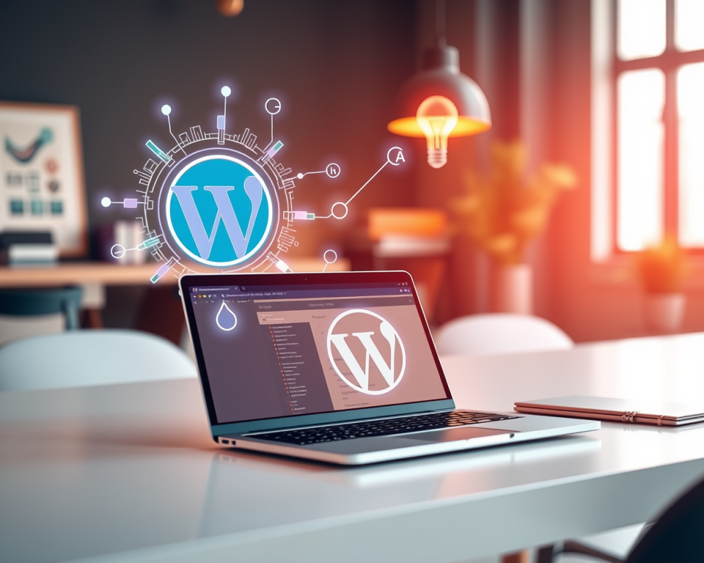 Laptop on a white desk in a modern office, displaying the WordPress logo on its screen with a digital holographic WordPress icon floating above it. A notebook and pen are placed beside the laptop, with warm sunlight coming through large windows in the background.