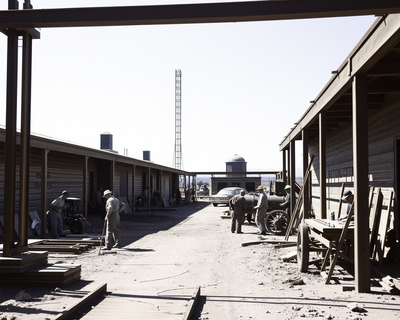Historic construction scene in a dusty area, featuring workers, buildings, and vintage machinery.