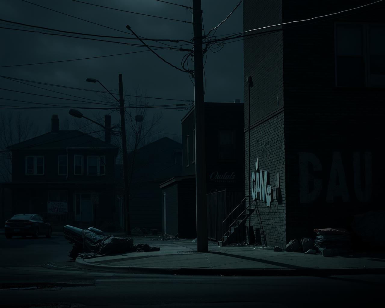 A dimly lit urban street corner featuring a brick building with graffiti, utility poles with wires, and a parked car nearby.