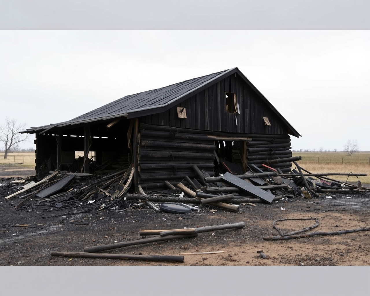 A severely damaged barn with charred wooden beams and debris scattered around, indicating recent fire damage.