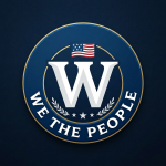 Circular blue emblem with large white letter W, American flag above, and text 'We the People' around the edge