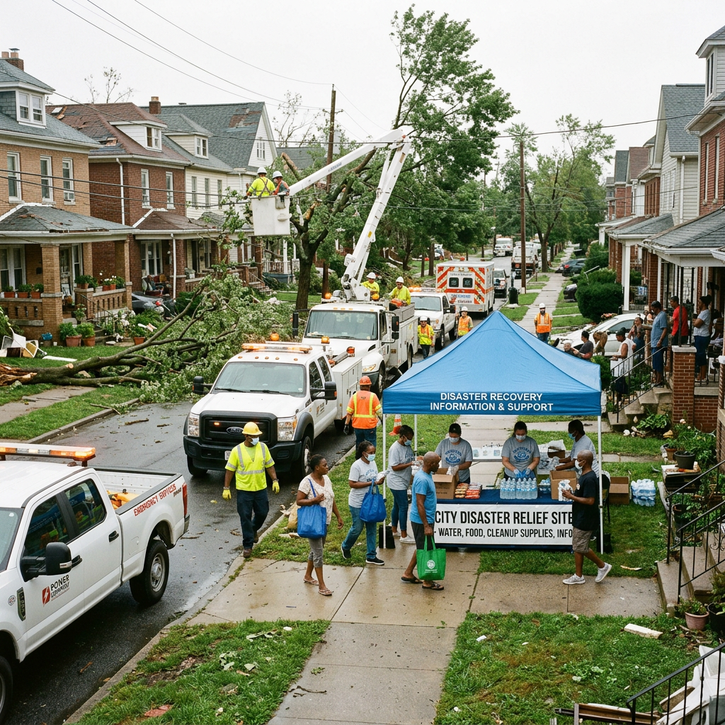 Disaster relief tent with volunteers distributing water and supplies on neighborhood street