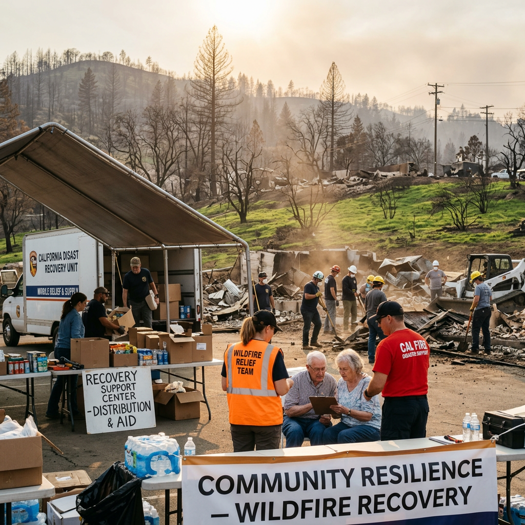 Disaster recovery team distributing supplies and assisting community members after wildfire damage