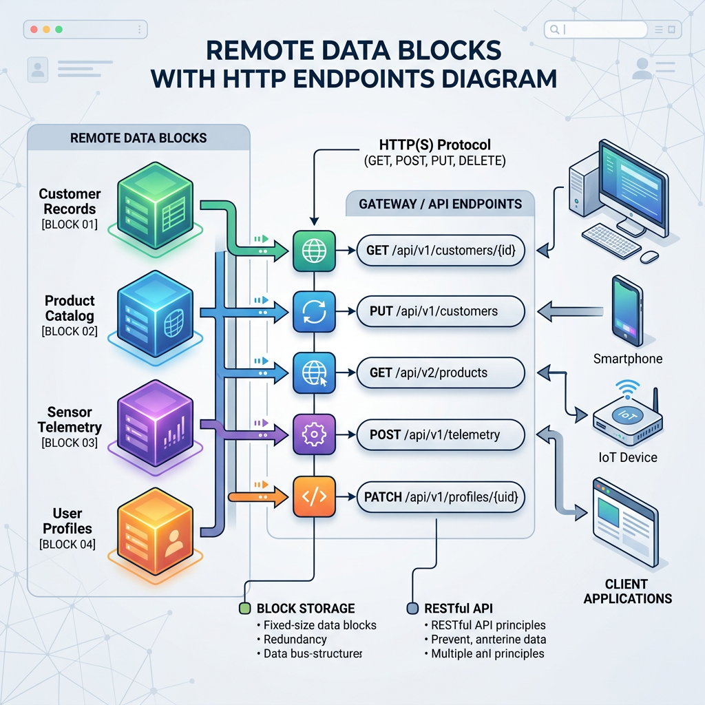 Diagram showing customer, product, sensor, and user data blocks connected via HTTP methods to API endpoints accessed by client devices