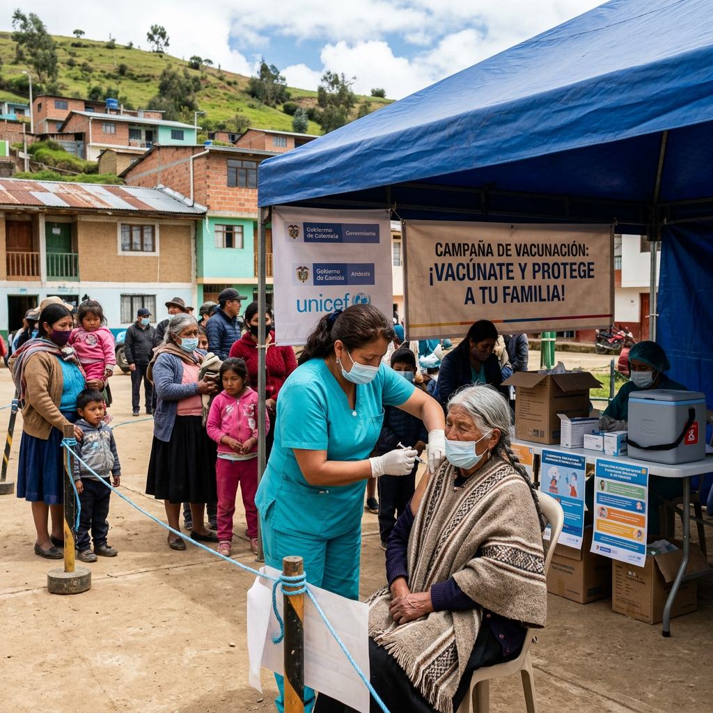 Healthcare worker giving vaccine to elderly woman at outdoor clinic with community members waiting in line