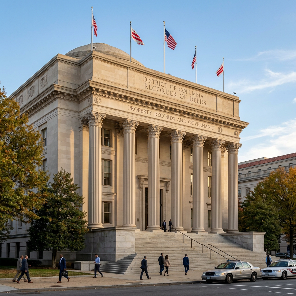 District of Columbia Recorder of Deeds building with columns and flags