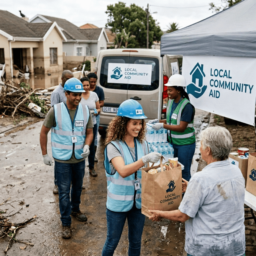 Volunteers distribute relief supplies to residents beside a disaster relief station.