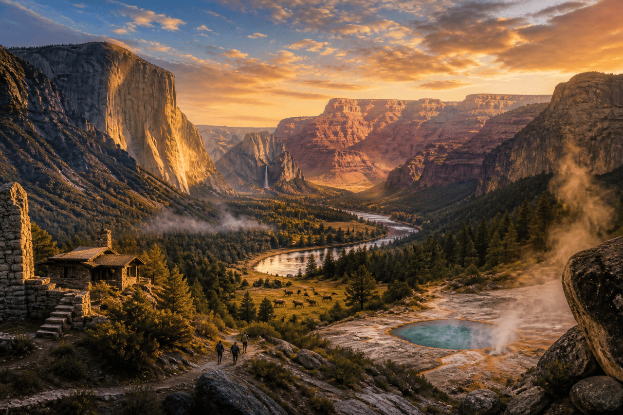 Sweeping mountain valley at sunset with a river, waterfall, hot spring, stone cabin, and hikers on a trail